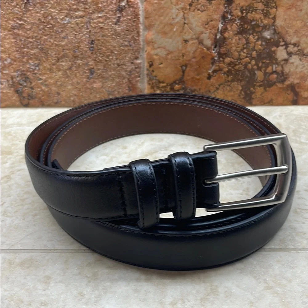 Lands’ End Belt Cow Leather The Outfitters Black Size 56 Silver Buckle Classic